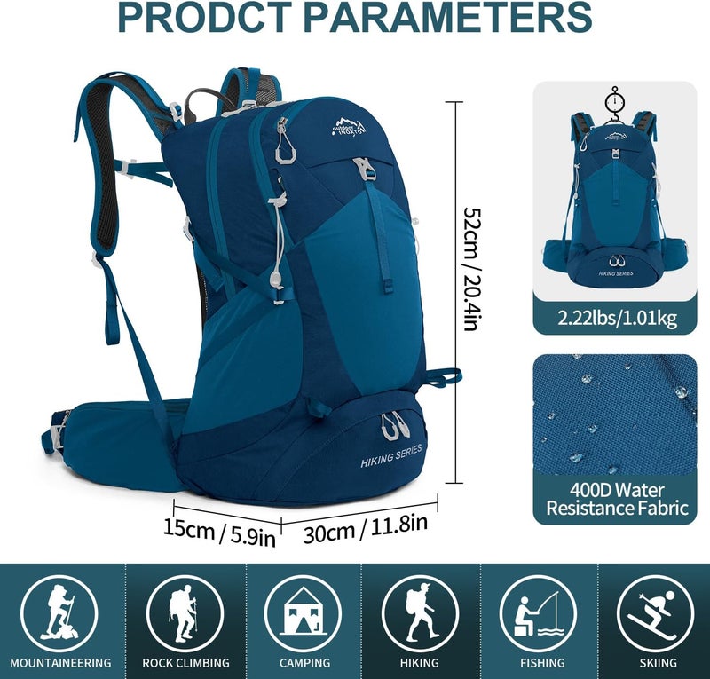 INOXTO IX Hiking Backpack, Waterproof Hiking Daypack with 3L Water Bladder and Rain Cover, Lightweight Travel Camping Backpack for Men Women (Blue) - Image 2